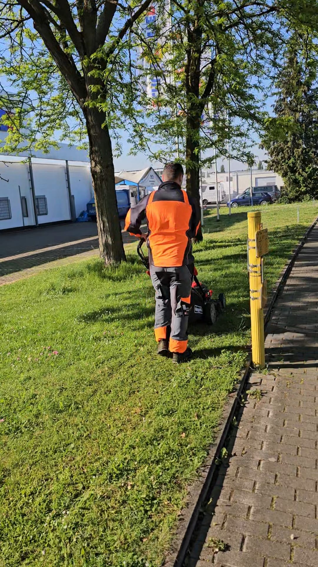 Mitarbeiter mäht den Rasen einer Grünanlage in Konstanz